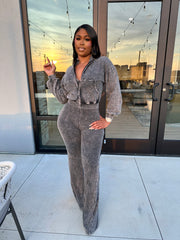 Washed Zip-Up Crop Jacket & Flare Jumpsuit Set- Black