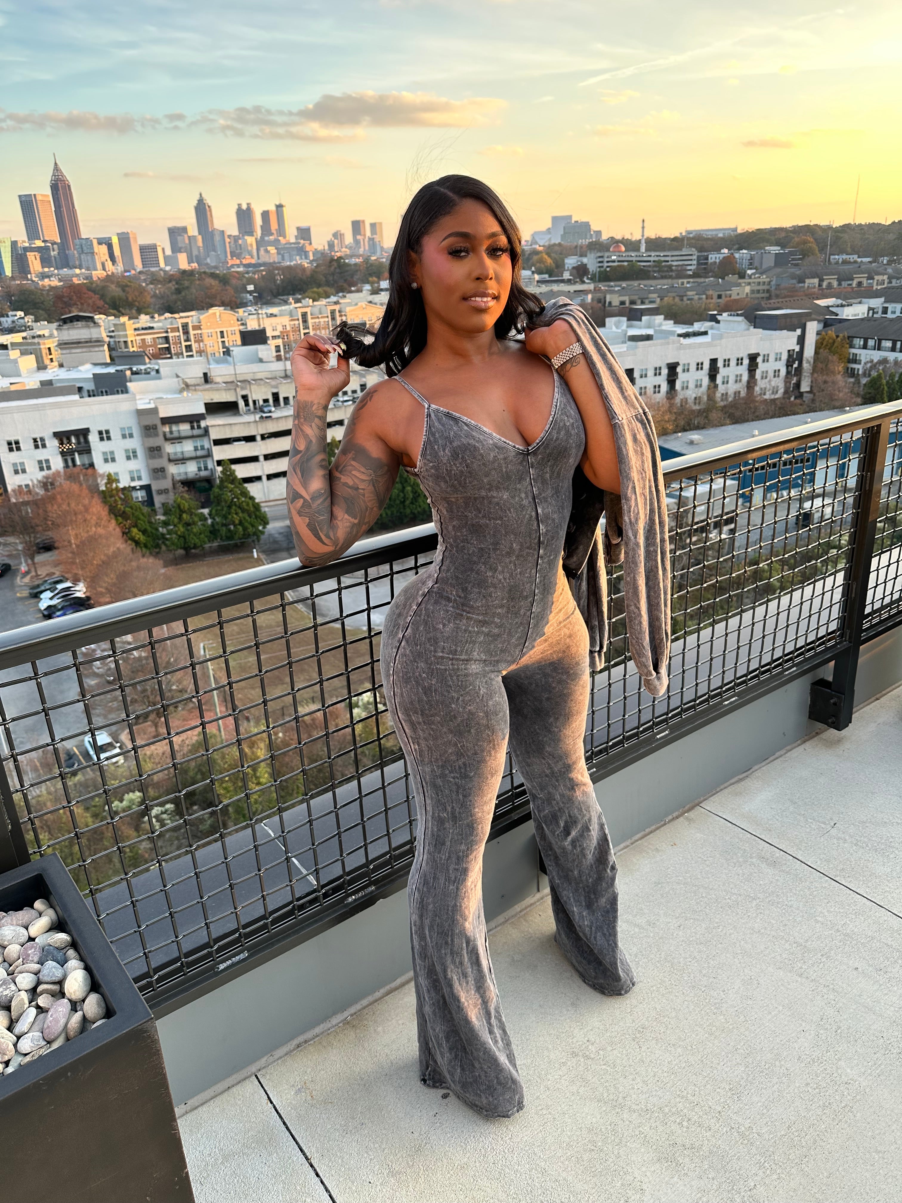 Washed Zip-Up Crop Jacket & Flare Jumpsuit Set- Black