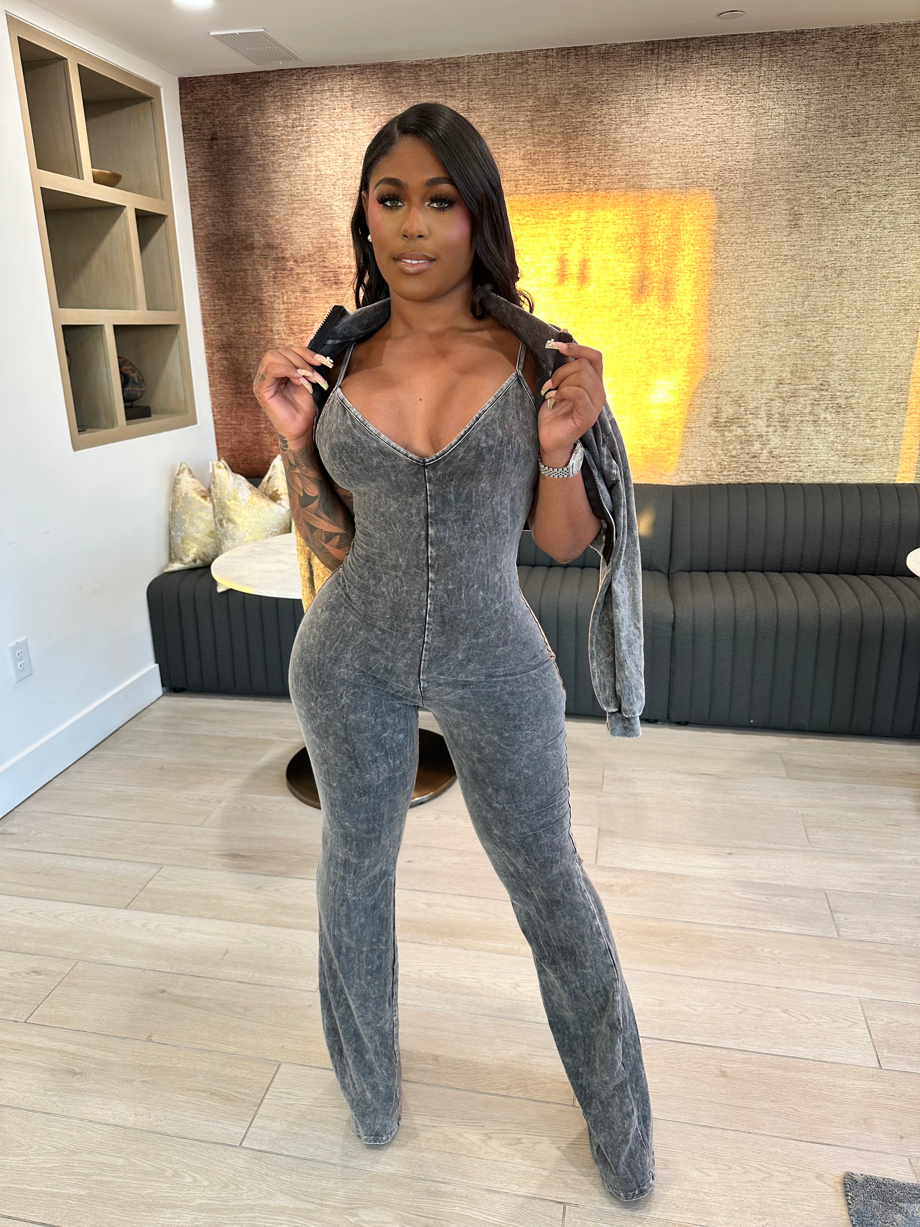 Washed Zip-Up Crop Jacket & Flare Jumpsuit Set- Black