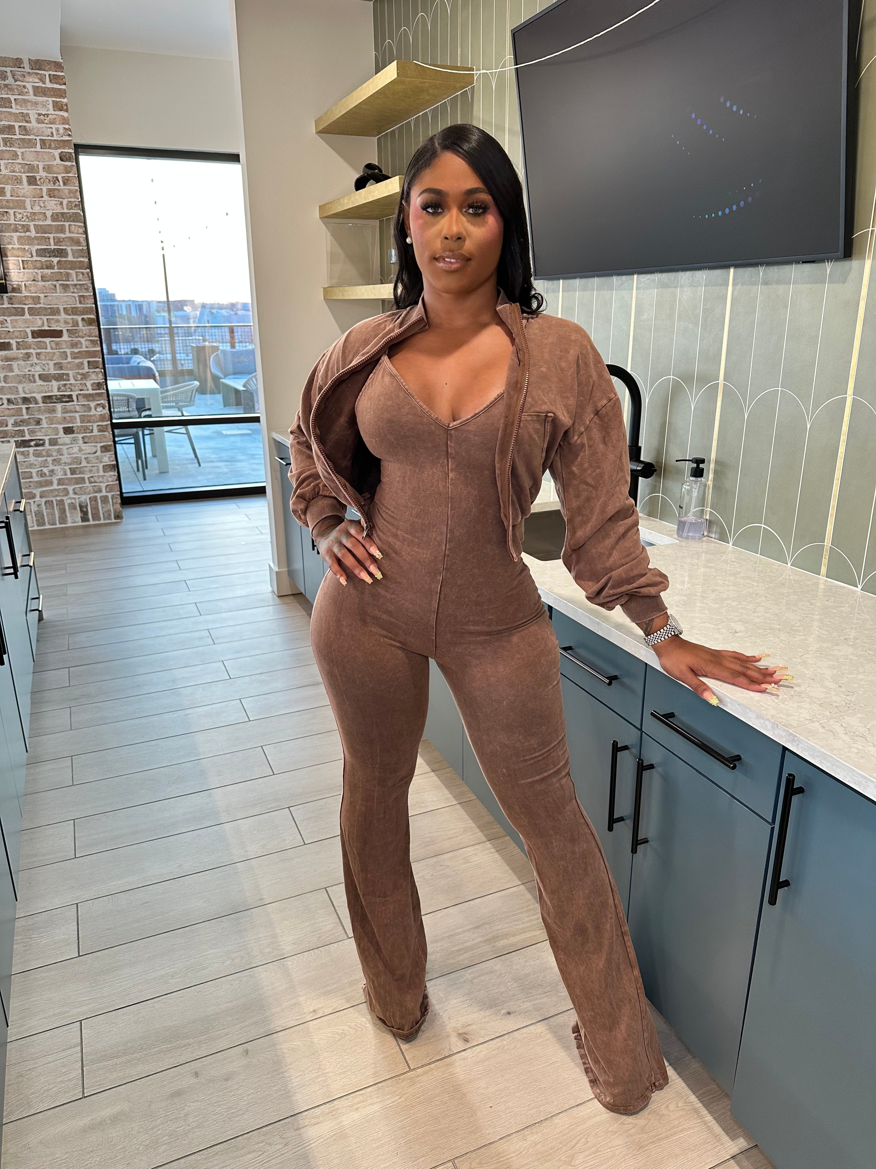 Washed Zip-Up Crop Jacket & Flare Jumpsuit Set- Mocha Latte