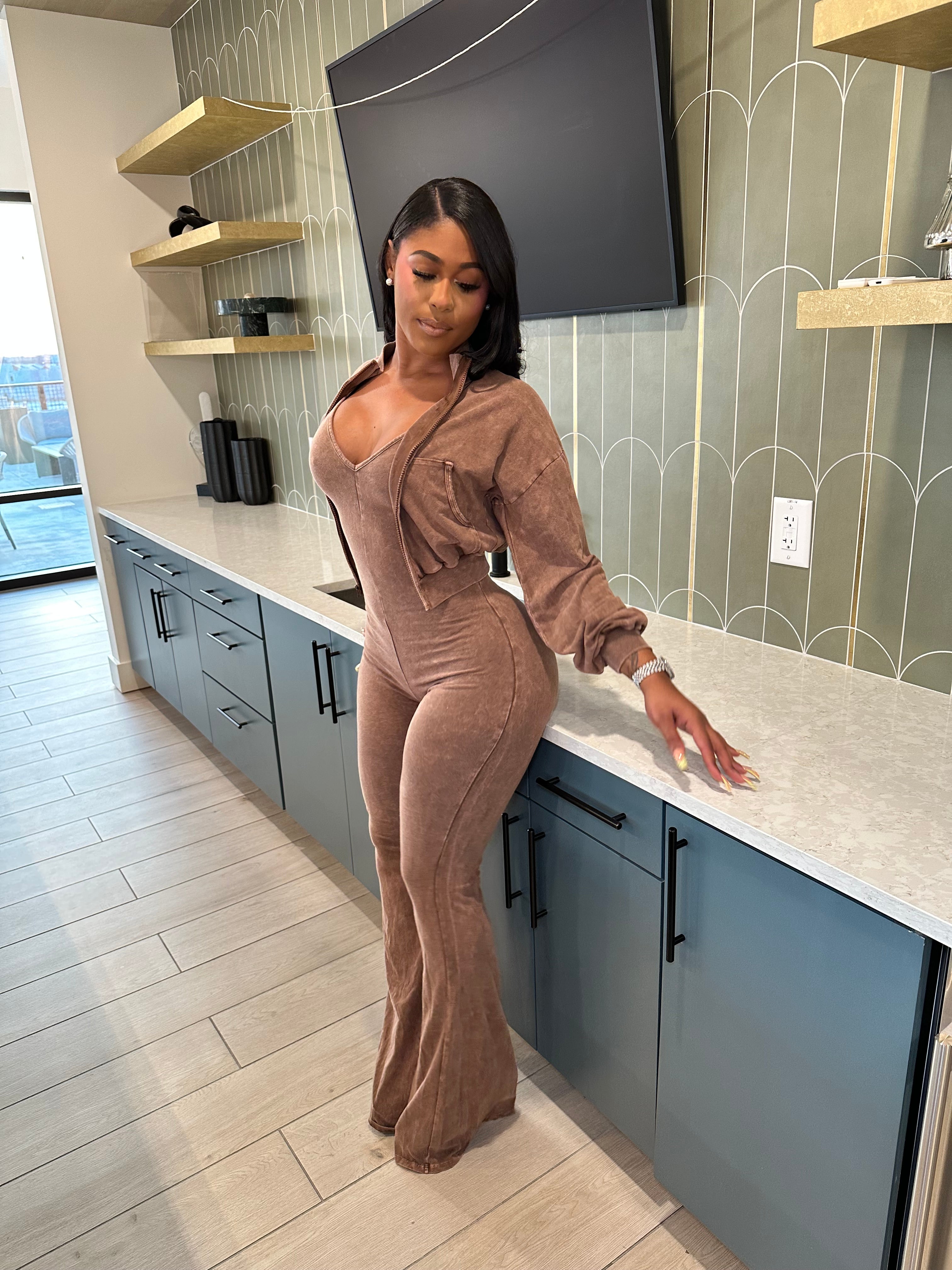 Washed Zip-Up Crop Jacket & Flare Jumpsuit Set- Mocha Latte