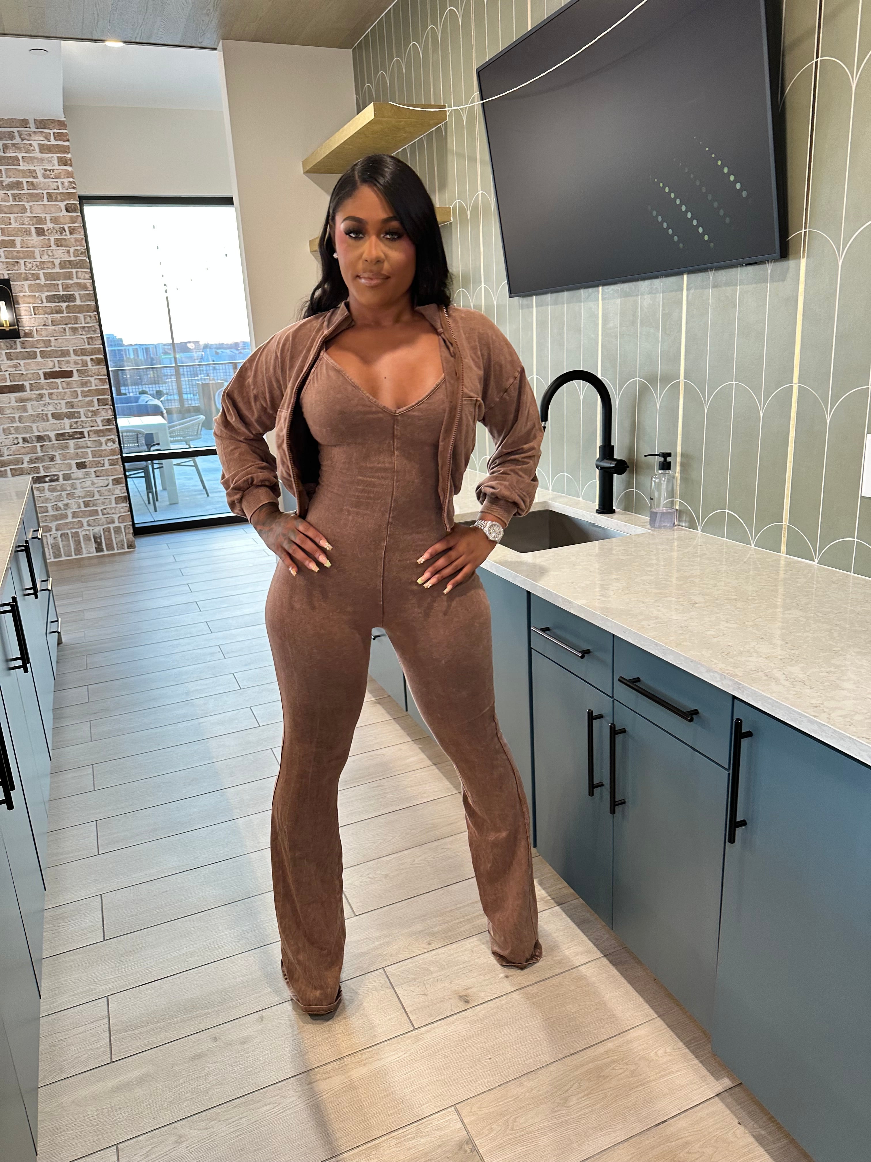 Washed Zip-Up Crop Jacket & Flare Jumpsuit Set- Mocha Latte