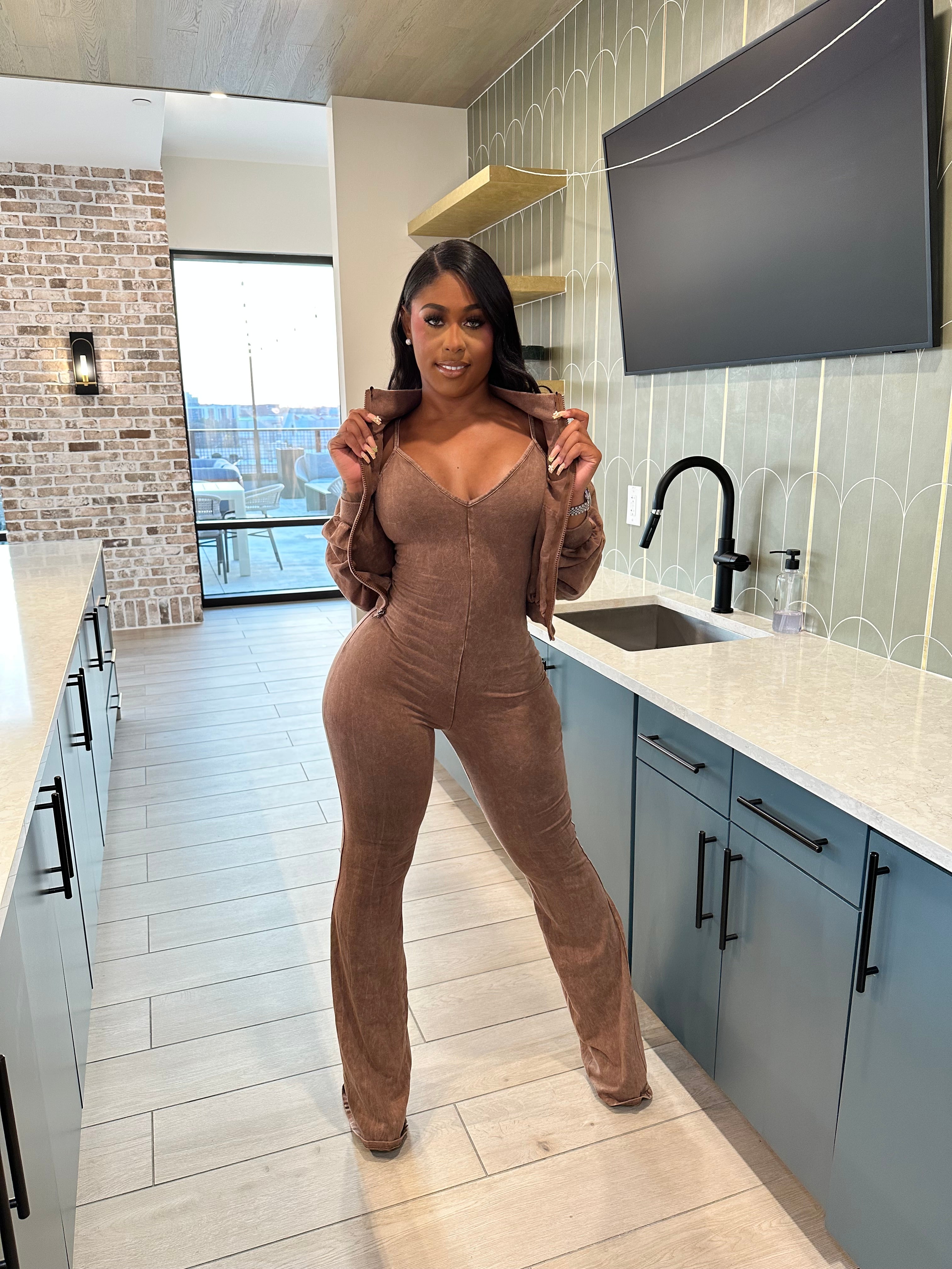 Washed Zip-Up Crop Jacket & Flare Jumpsuit Set- Mocha Latte