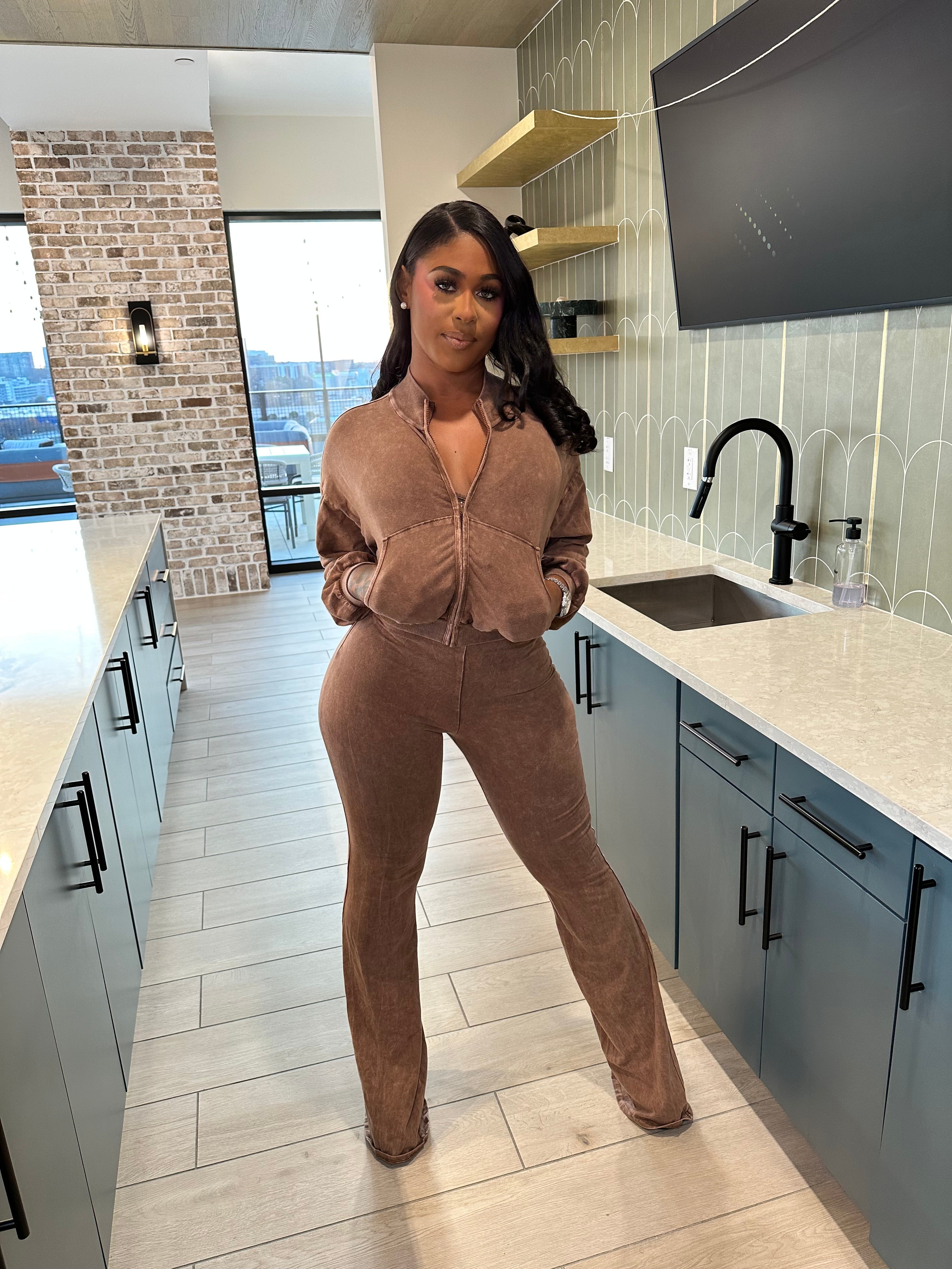 Washed Zip-Up Crop Jacket & Flare Jumpsuit Set- Mocha Latte
