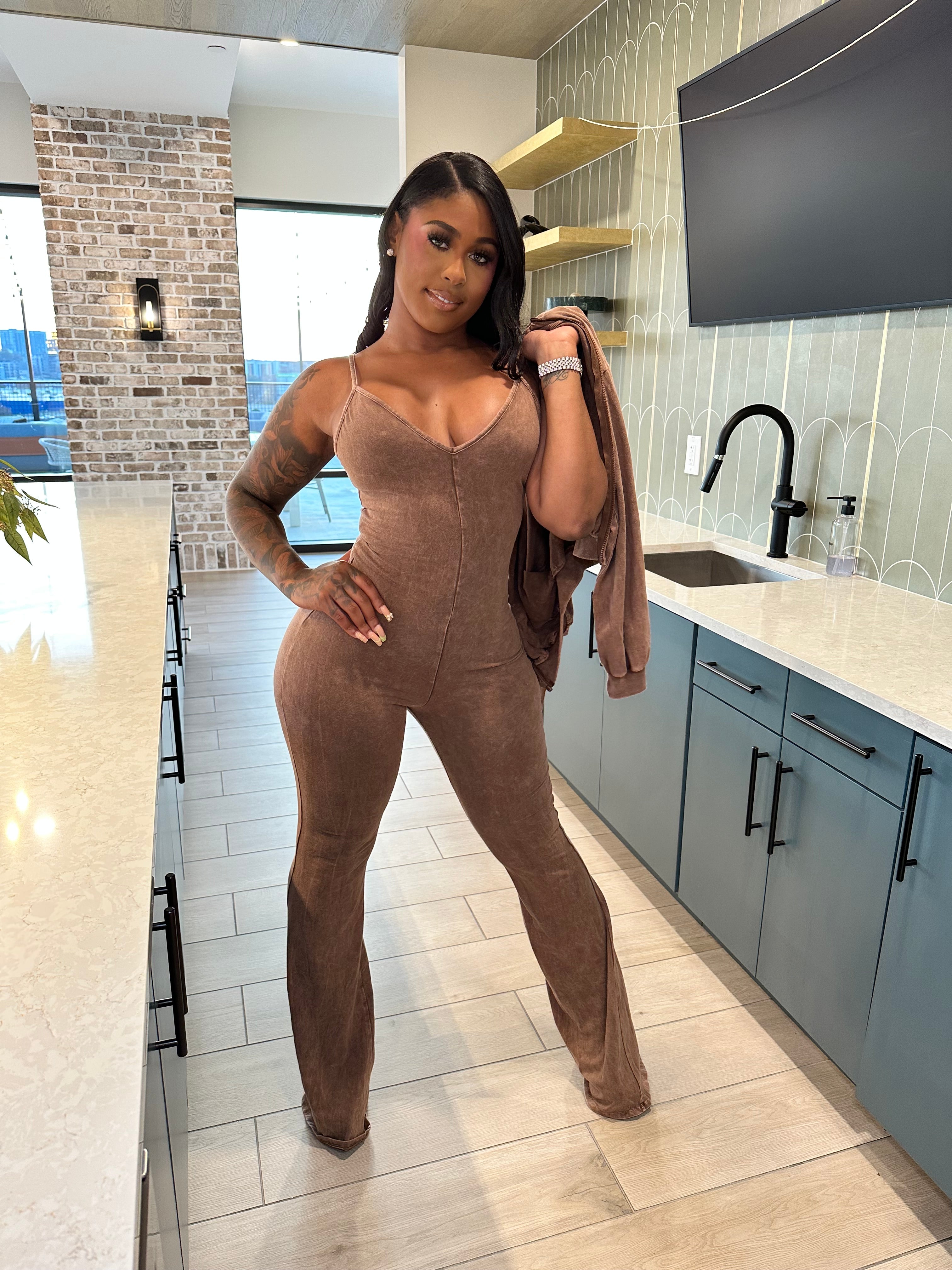 Washed Zip-Up Crop Jacket & Flare Jumpsuit Set- Mocha Latte