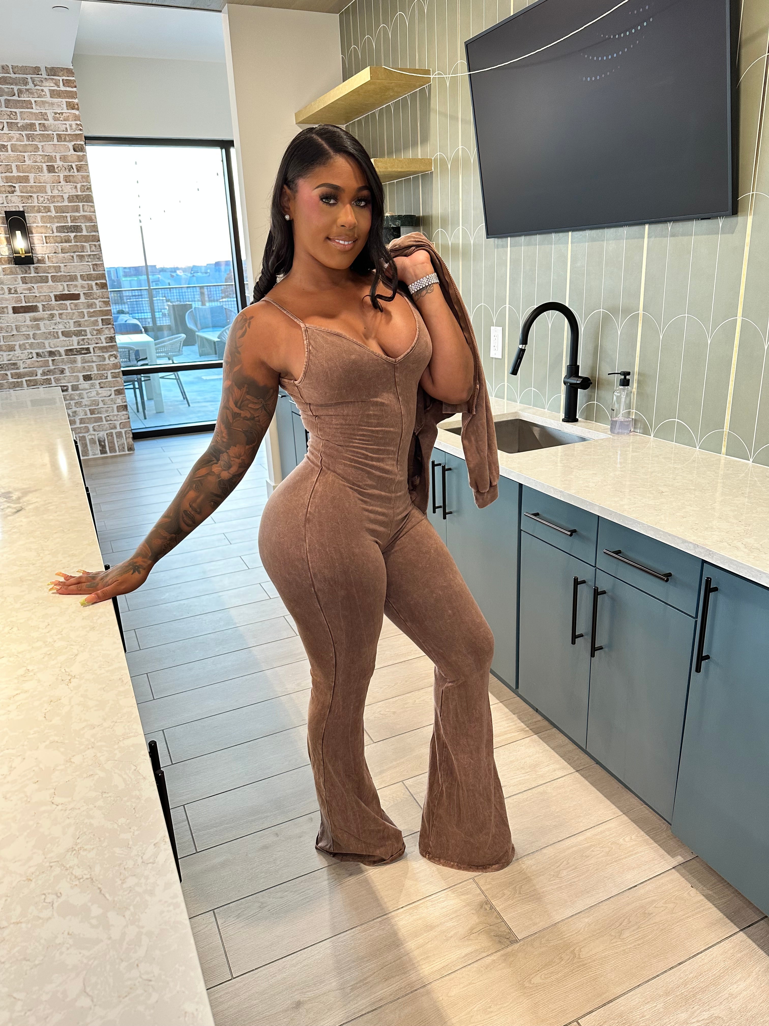 Washed Zip-Up Crop Jacket & Flare Jumpsuit Set- Mocha Latte