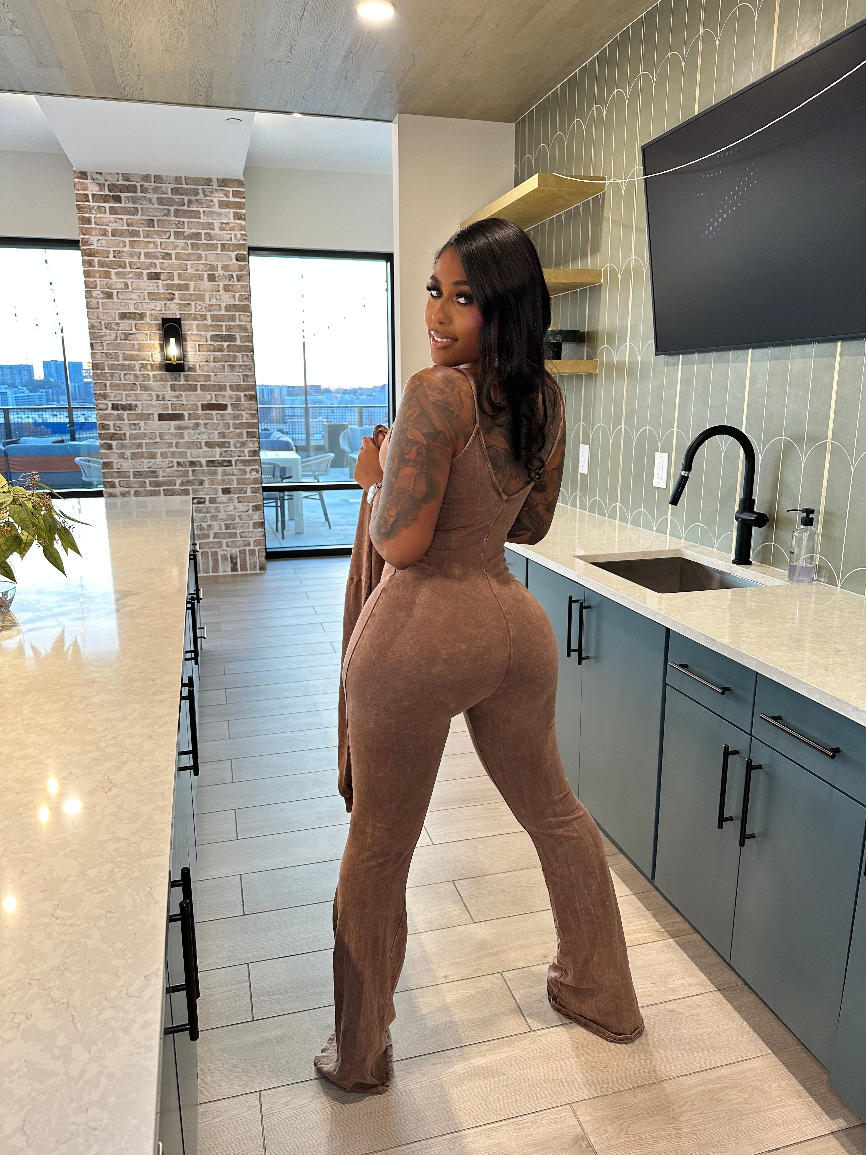 Washed Zip-Up Crop Jacket & Flare Jumpsuit Set- Mocha Latte