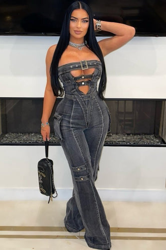 Strapless Wide Leg Denim Jumpsuit- Black Denim