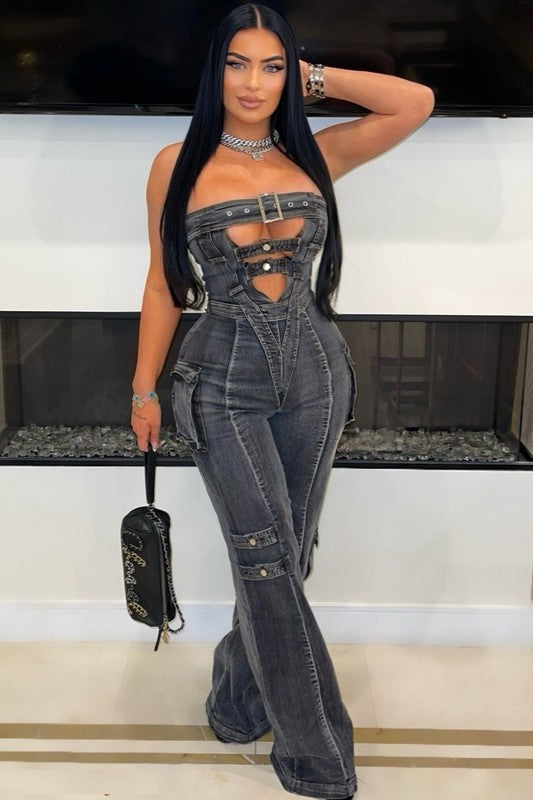 Strapless Wide Leg Denim Jumpsuit- Black Denim
