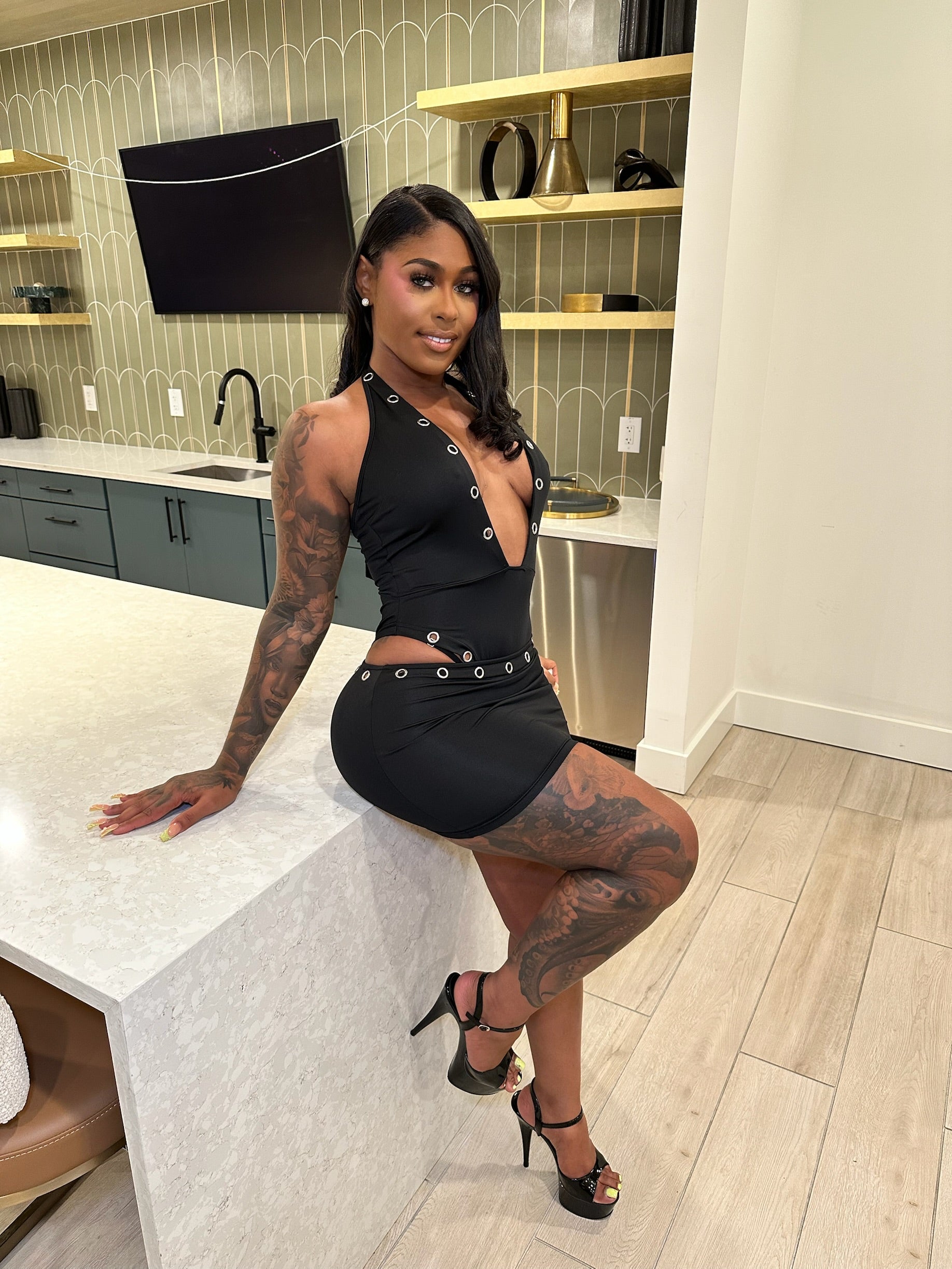 Steel Temptation Cutout Bodysuit & Mini Skirt Set – Black