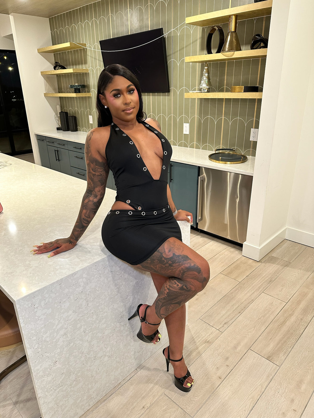 Steel Temptation Cutout Bodysuit & Mini Skirt Set – Black