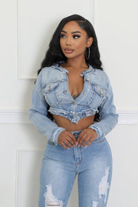 Catch Your Eye Distressed Denim Jacket & Skirt Set