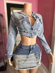 Catch Your Eye Distressed Denim Jacket & Skirt Set