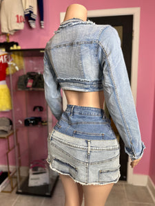 Catch Your Eye Distressed Denim Jacket & Skirt Set