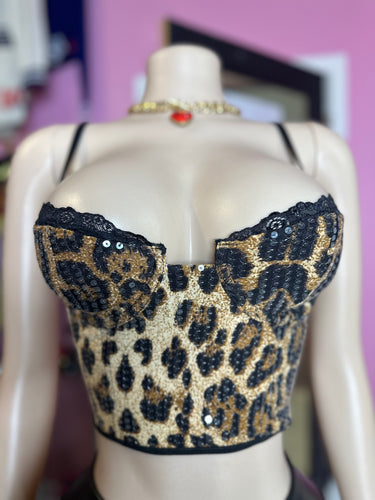 Leopard Print Sequin Lace Trim Corset Top