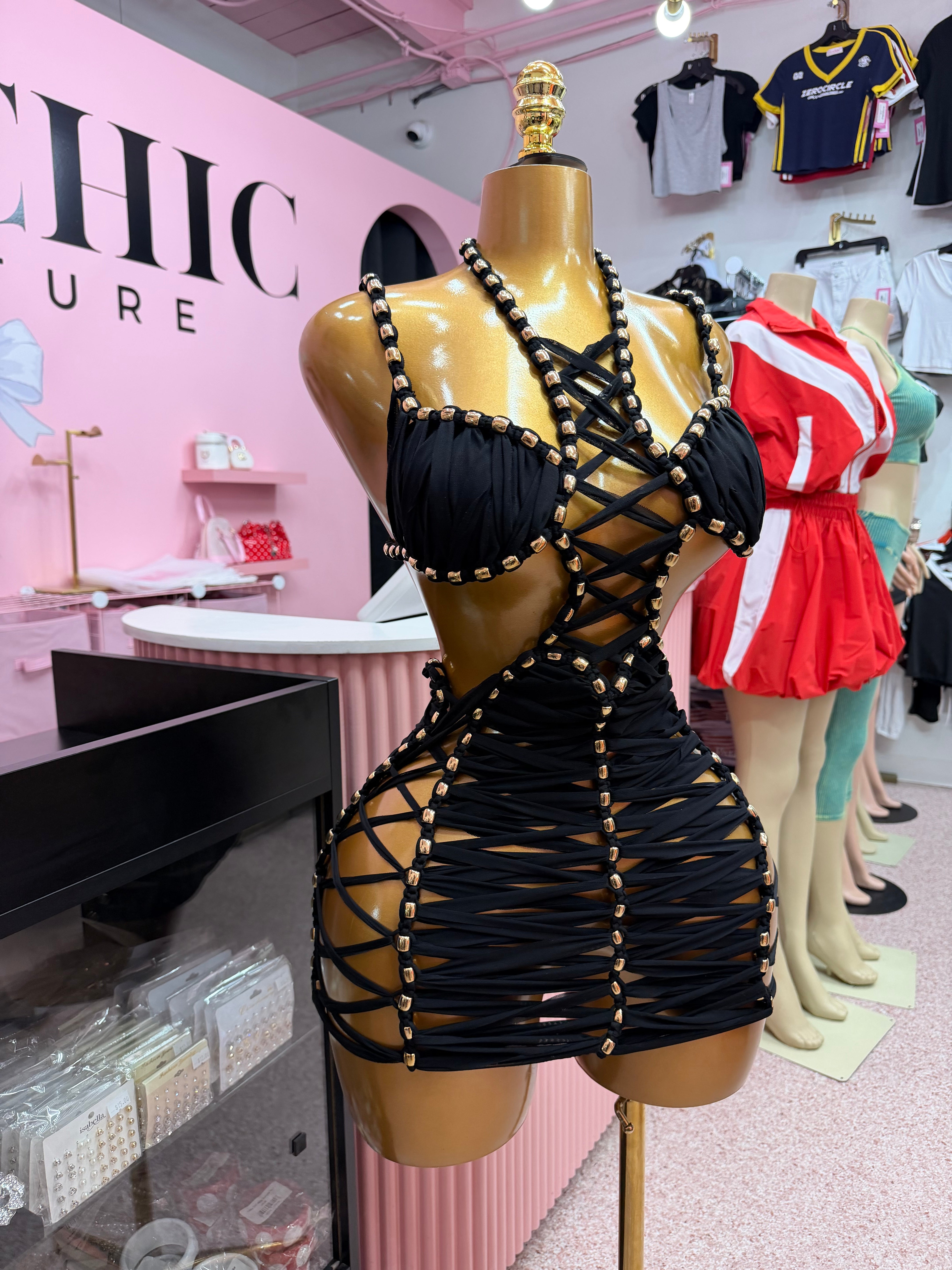(Pre-Order) Dangerously Entangled Mini Dress- Black