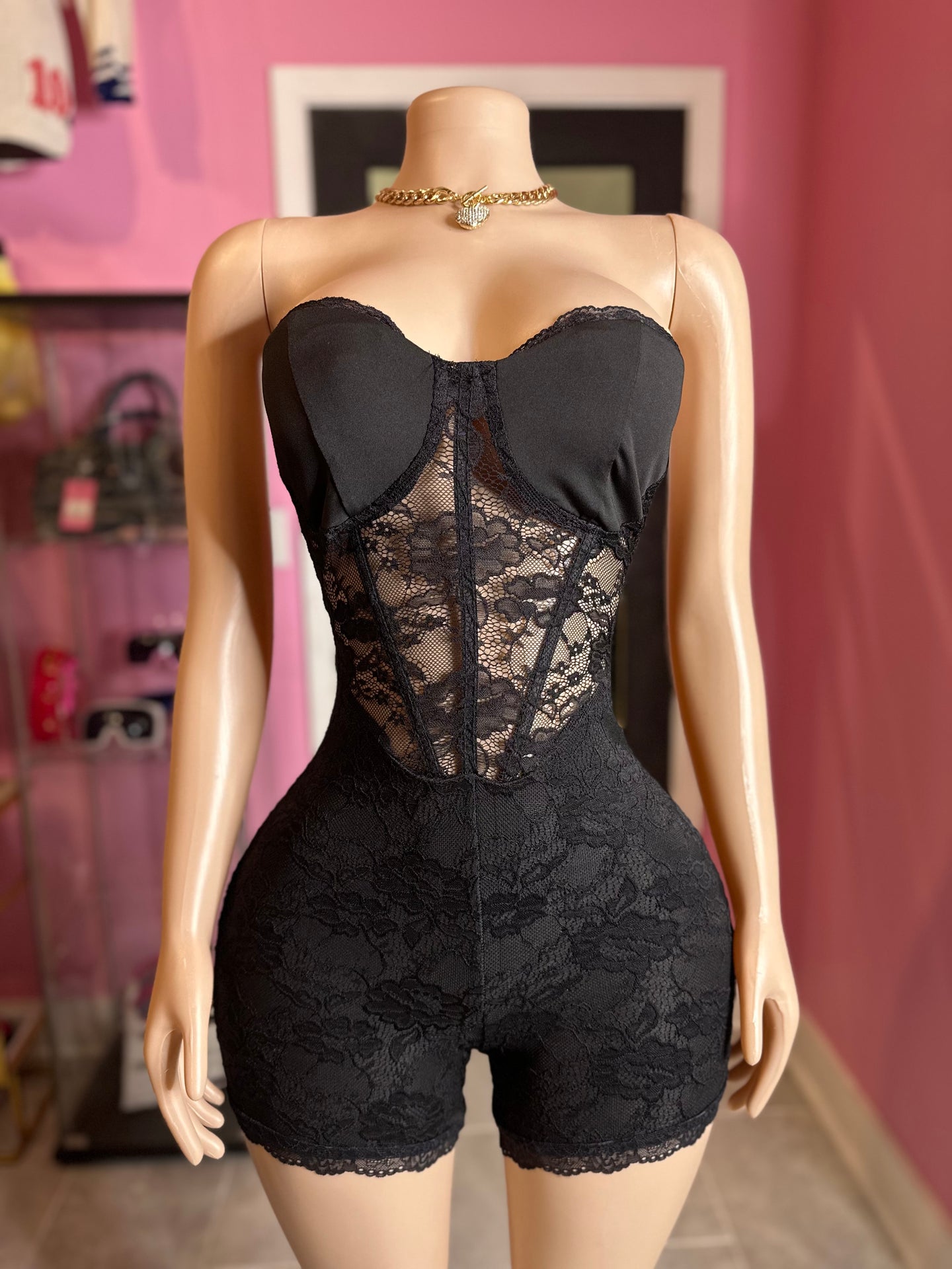 Let’s Do Drinks Lace Romper- Black