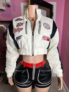 Color Block Moto Racing Puffer Crop Jacket- Black/White