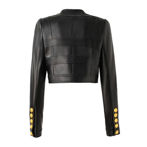 (Pre-Order 5-7 days then ship)Chic European Style Double-Breasted Cropped Leather Jacket