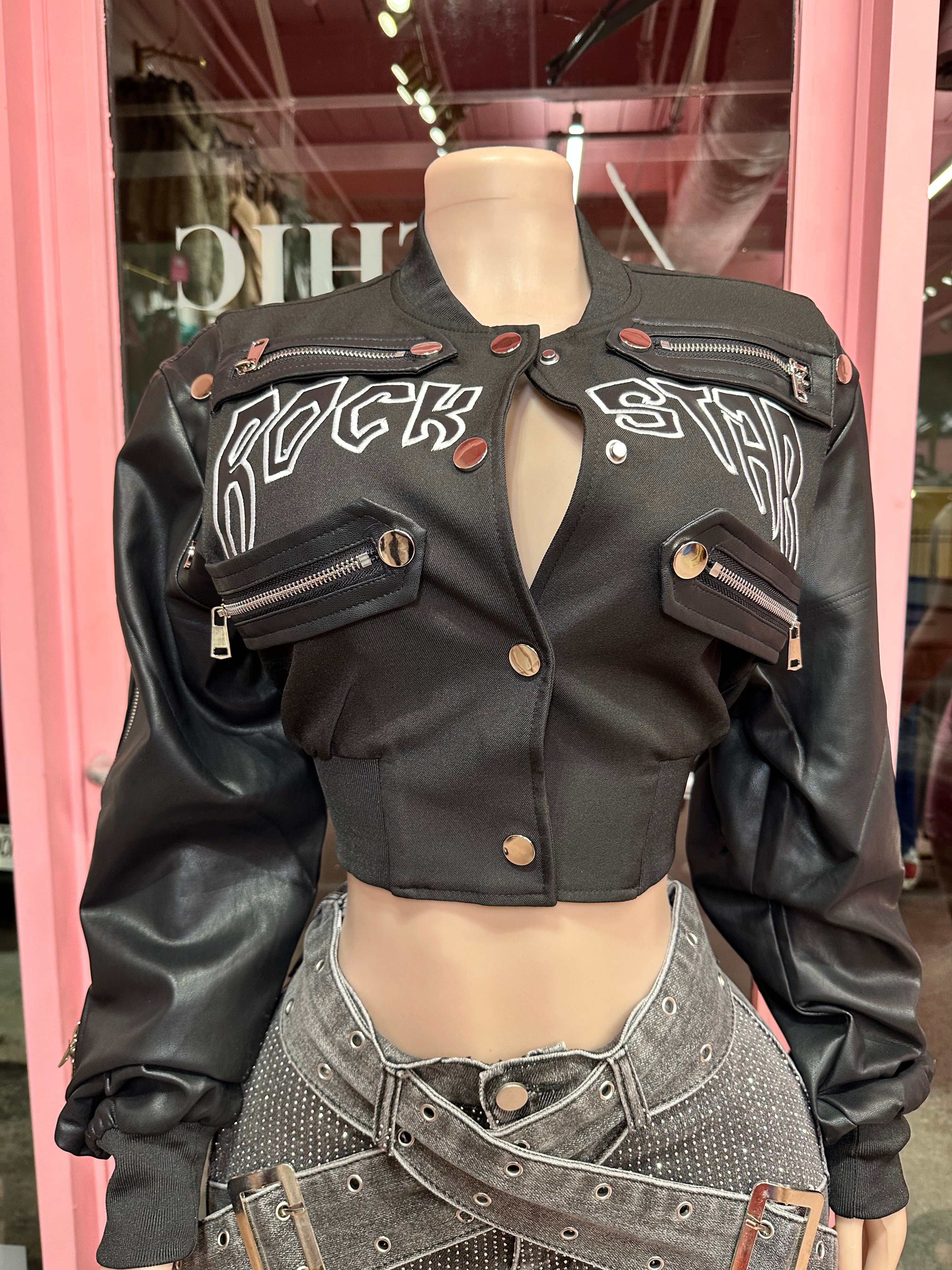 Rockstar Attitude Cropped Bomber Jacket – Black