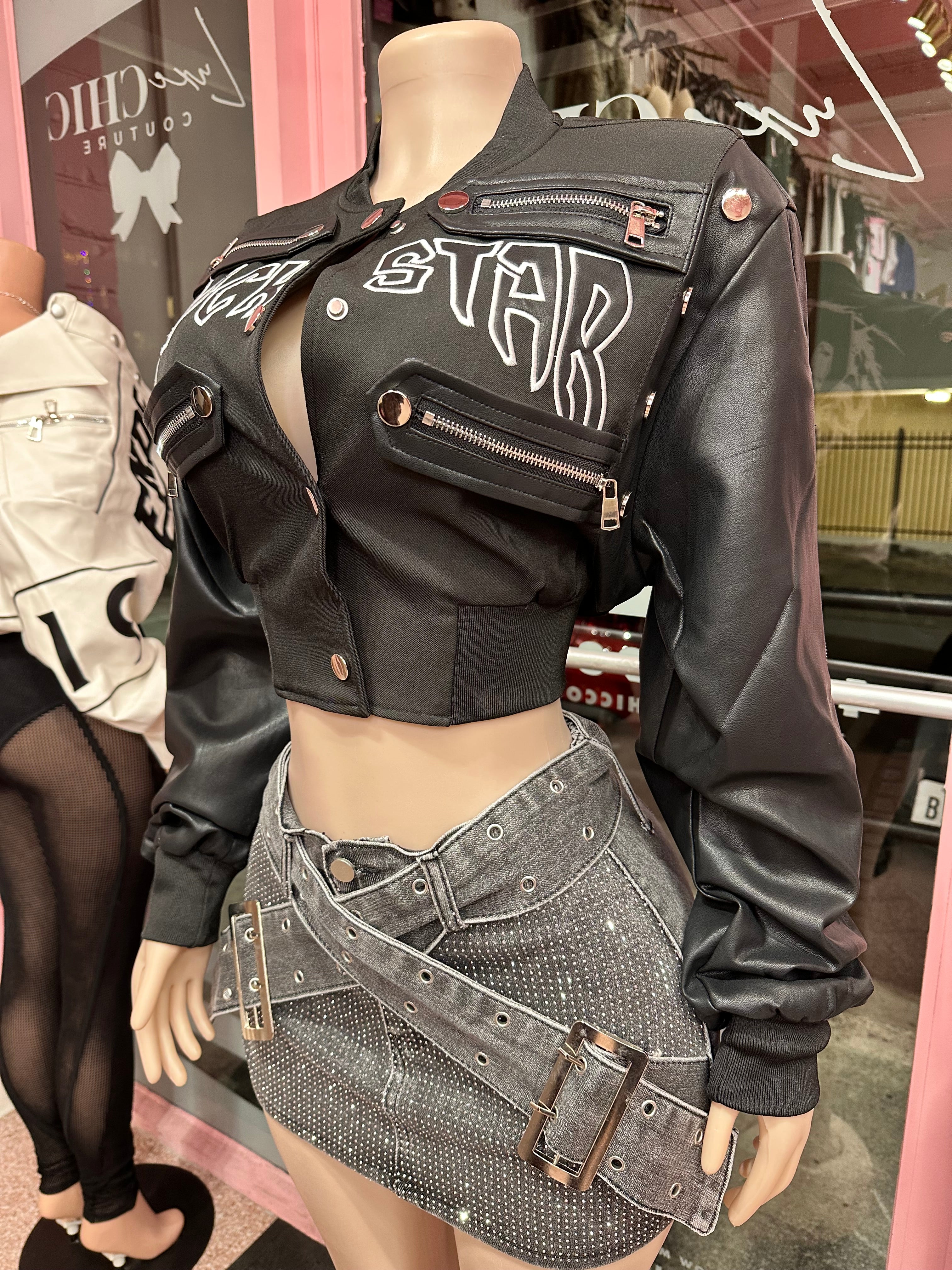 Rockstar Attitude Cropped Bomber Jacket – Black