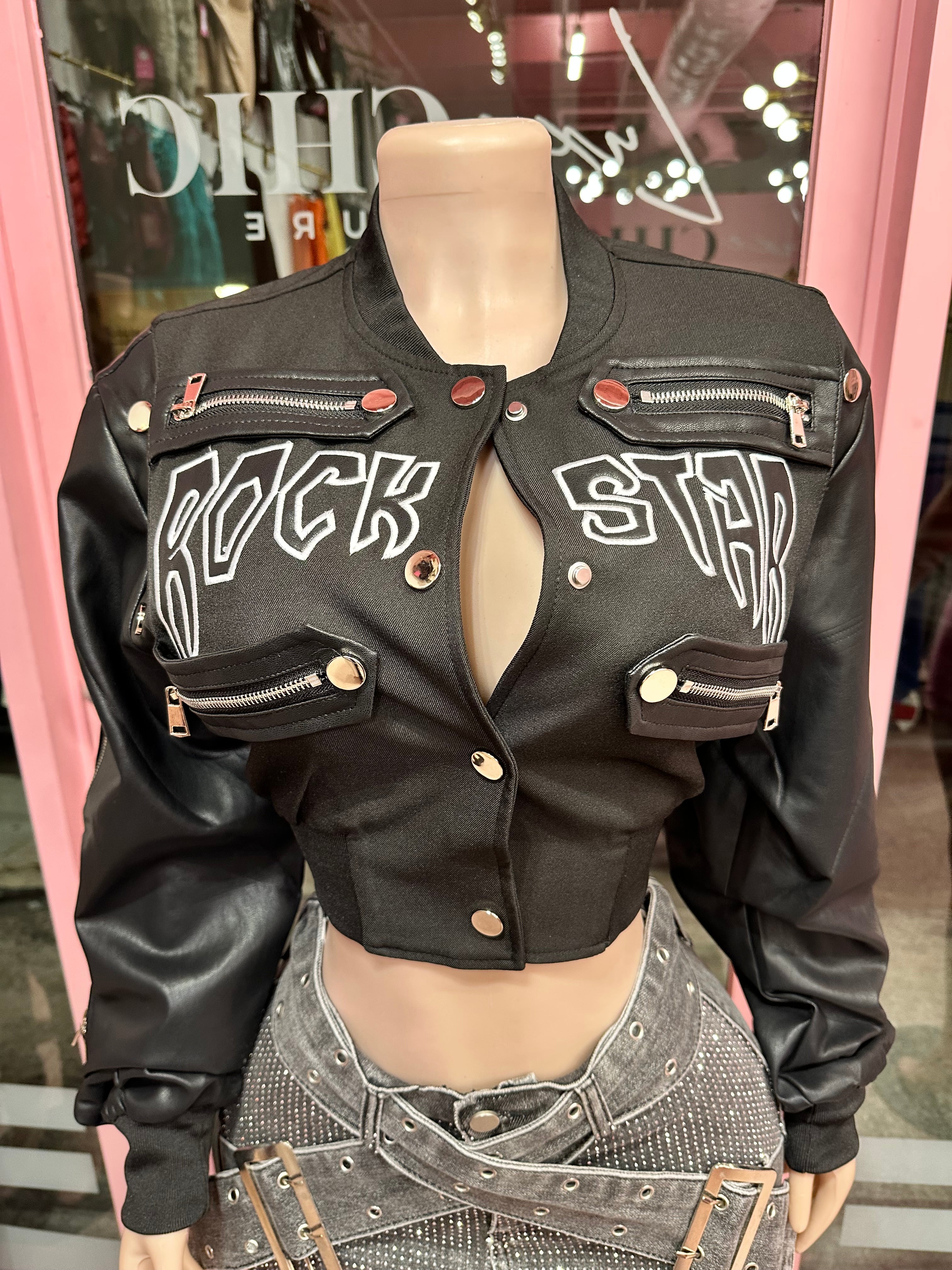 Rockstar Attitude Cropped Bomber Jacket – Black