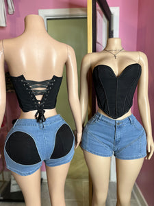 On The Scene Black Lace-Up Bustier & High-Waisted Denim Short Set