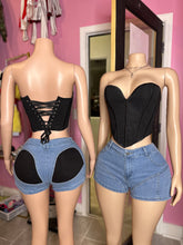 On The Scene Black Lace-Up Bustier & High-Waisted Denim Short Set