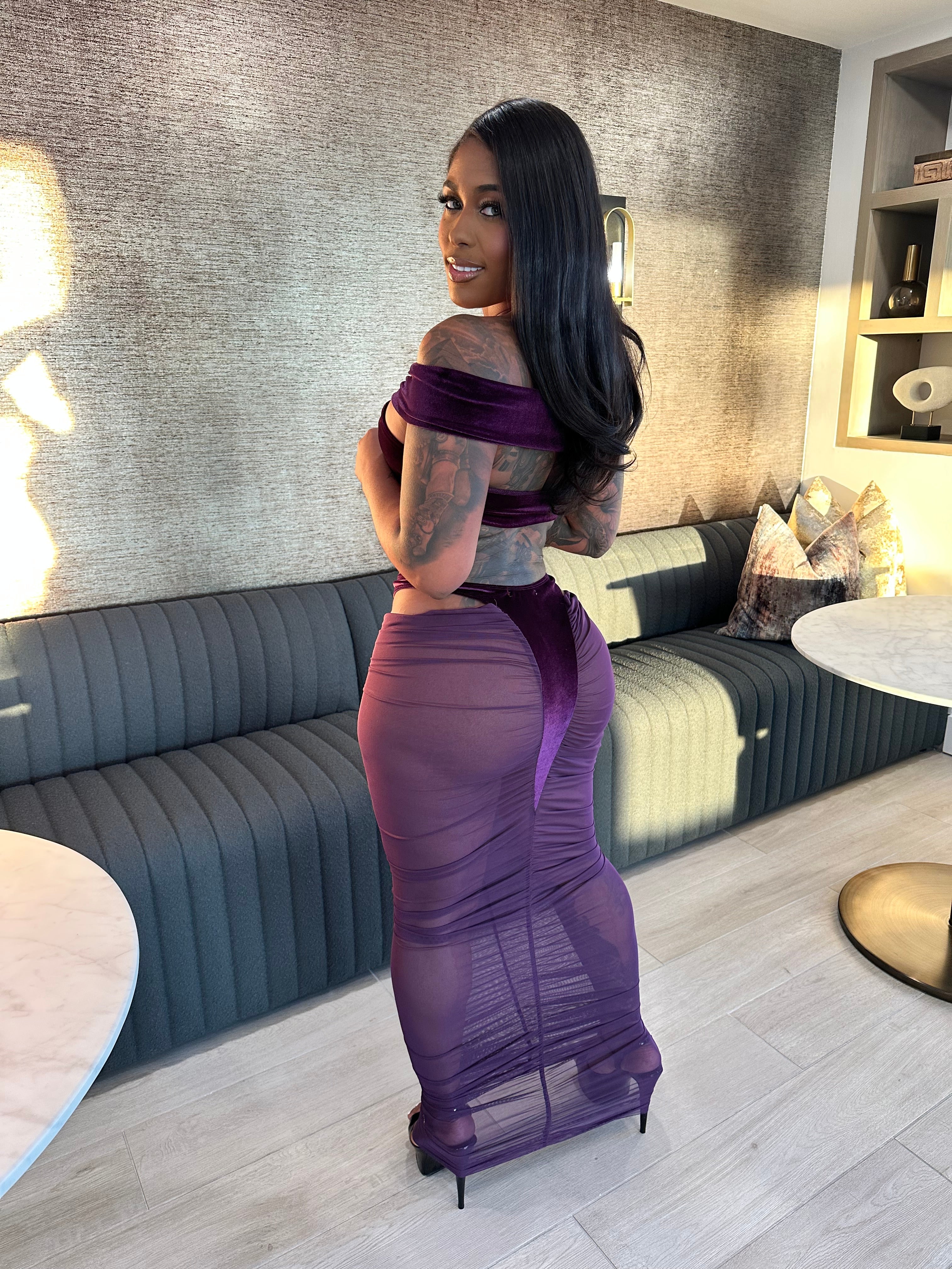Velvet Temptation Ruched Skirt Set- Purple