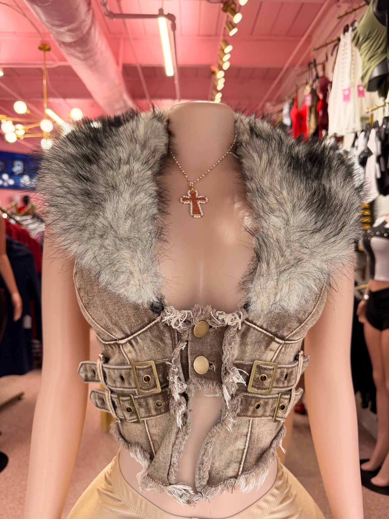 Fur Real Trouble Denim Corset Vest – Brown