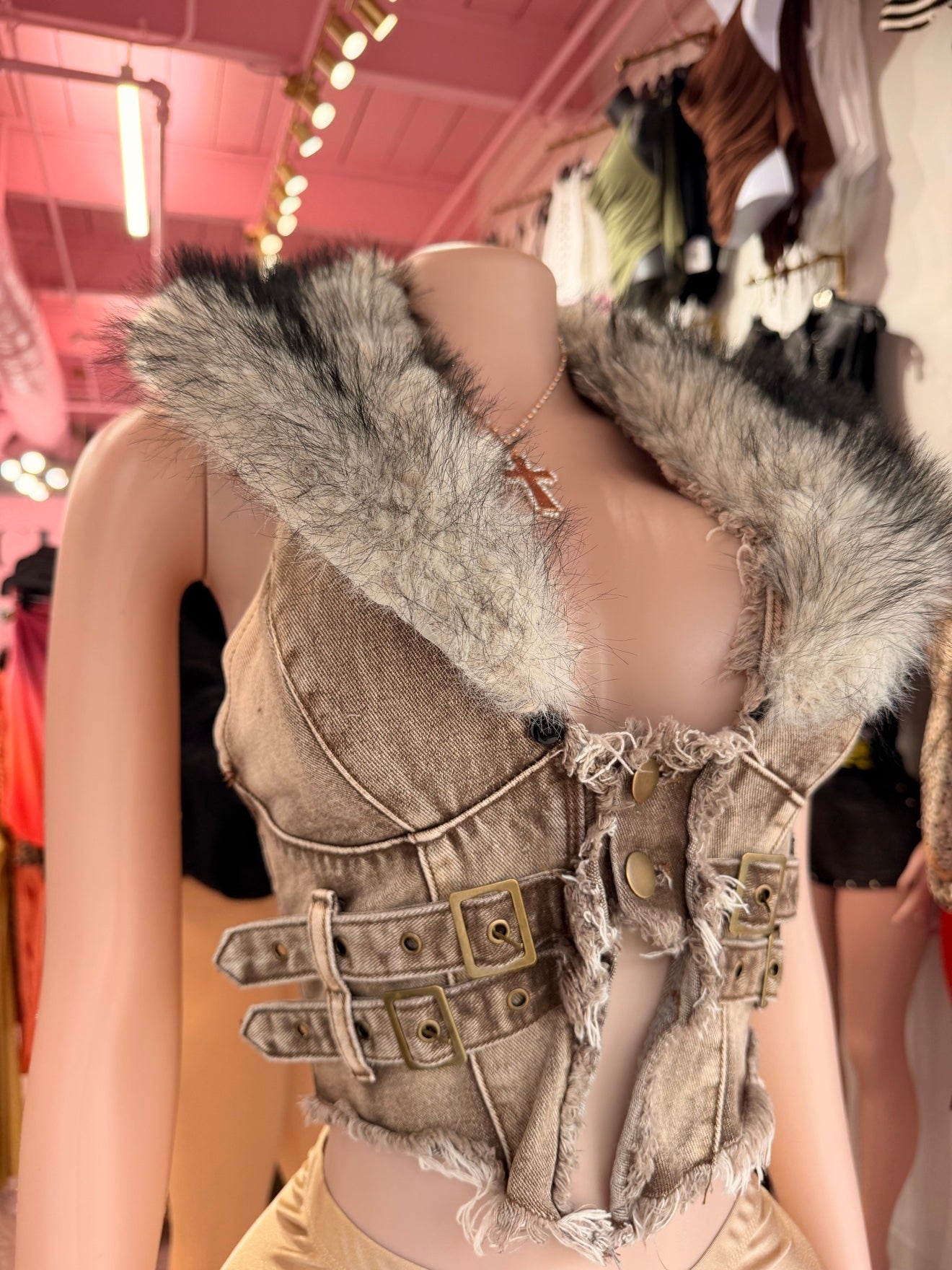 Fur Real Trouble Denim Corset Vest – Brown