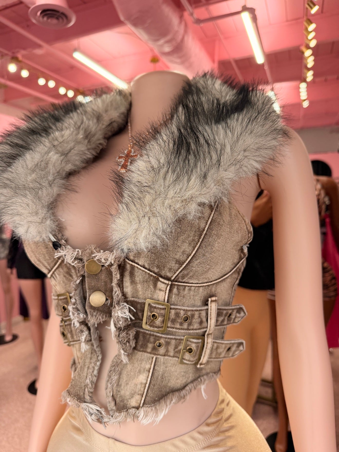 Fur Real Trouble Denim Corset Vest – Brown