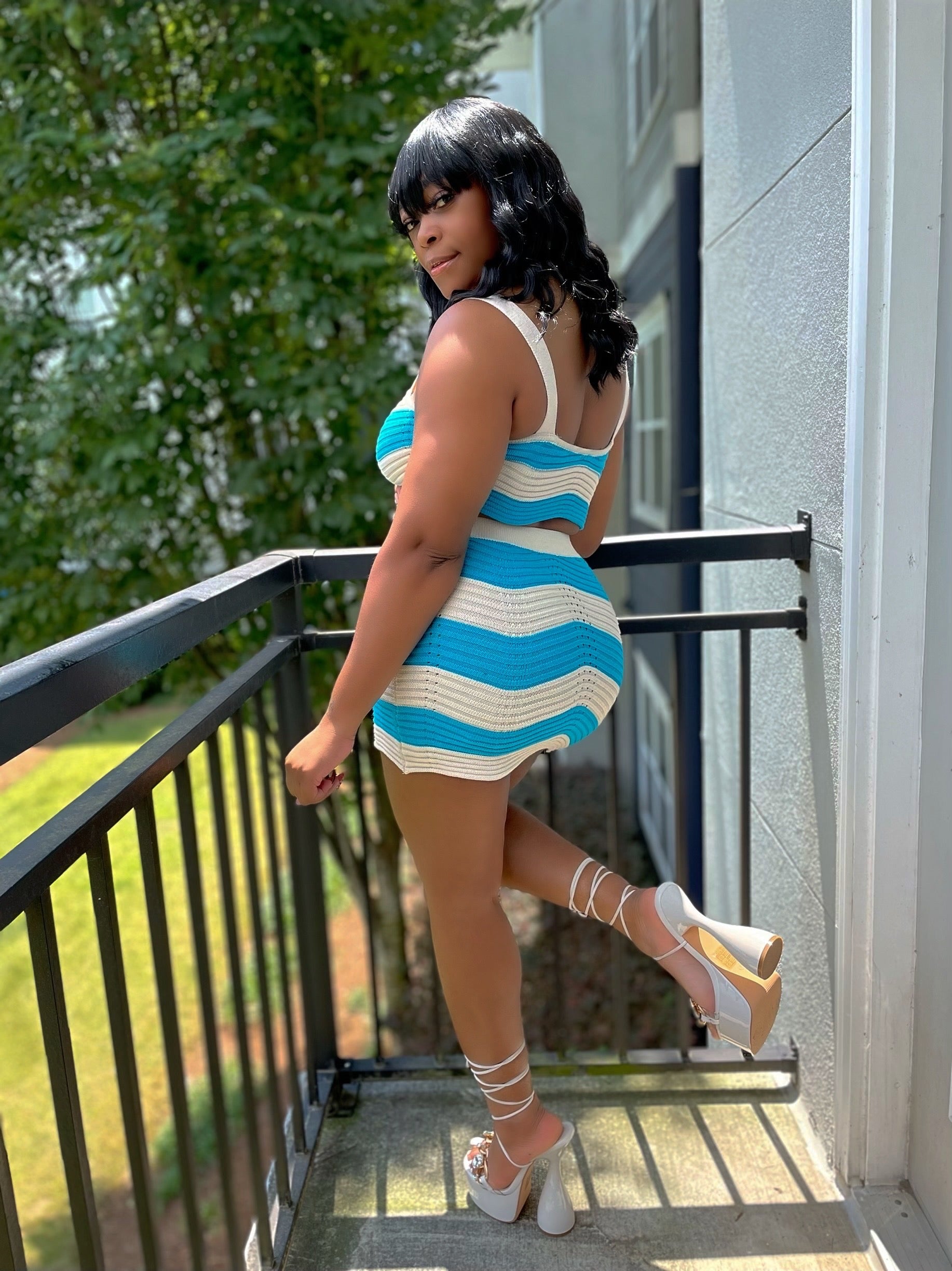 Time To Vacay Skirt Set- Blue Cream