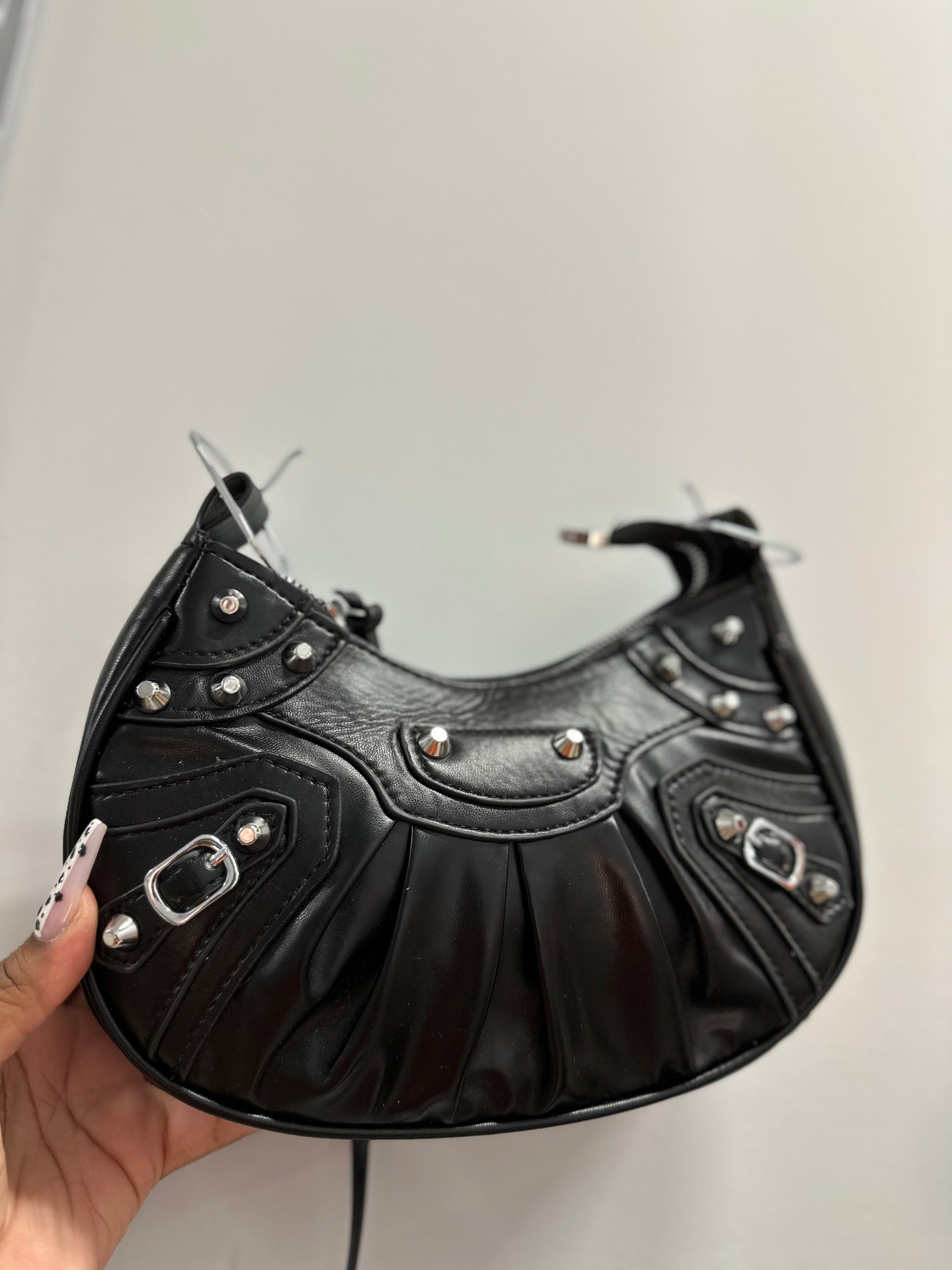 Rivet Half Moon Hobo Bag- Black