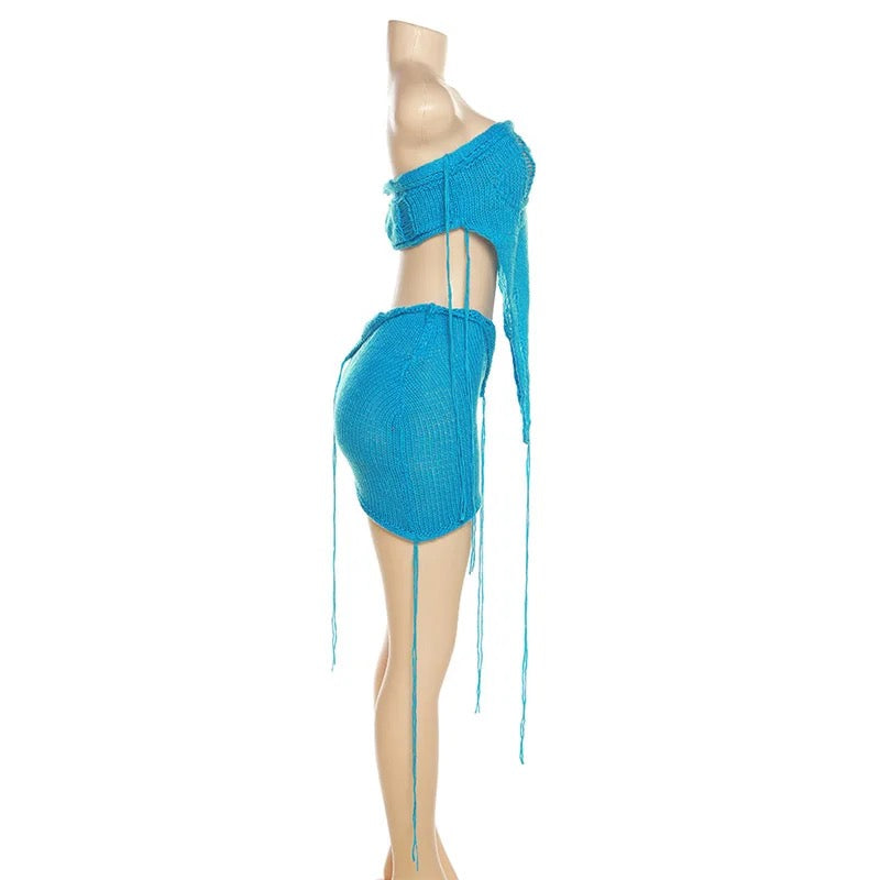 Play It Safe Knitted Skirt Set- Blue