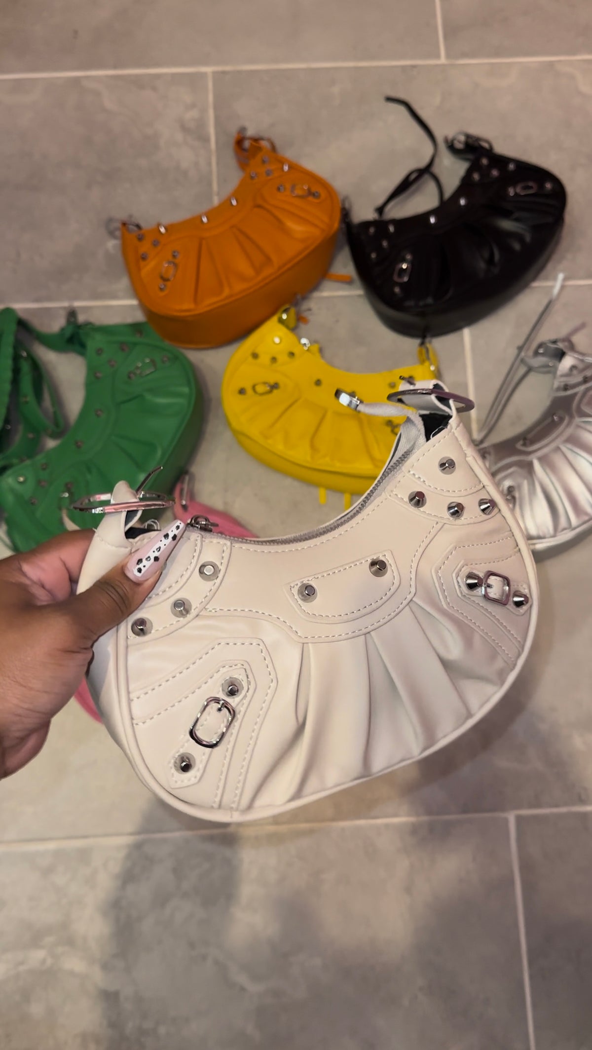 Rivet Half Moon Hobo Bag- Beige