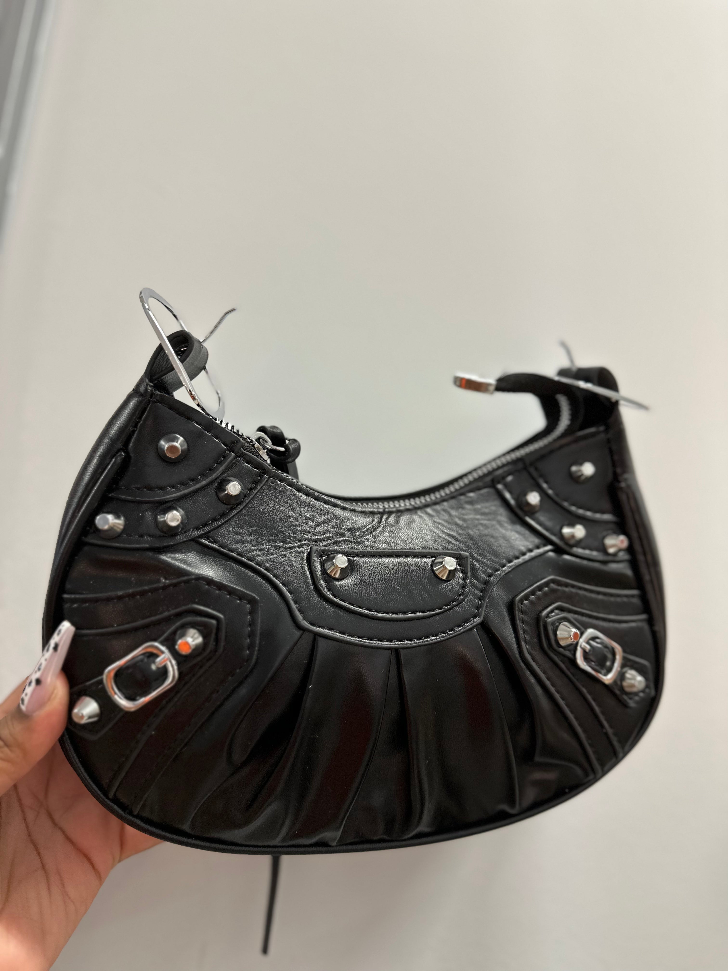 Rivet Half Moon Hobo Bag- Black