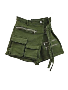 Irregular Cargo Pocket Denim Skort- Army Green