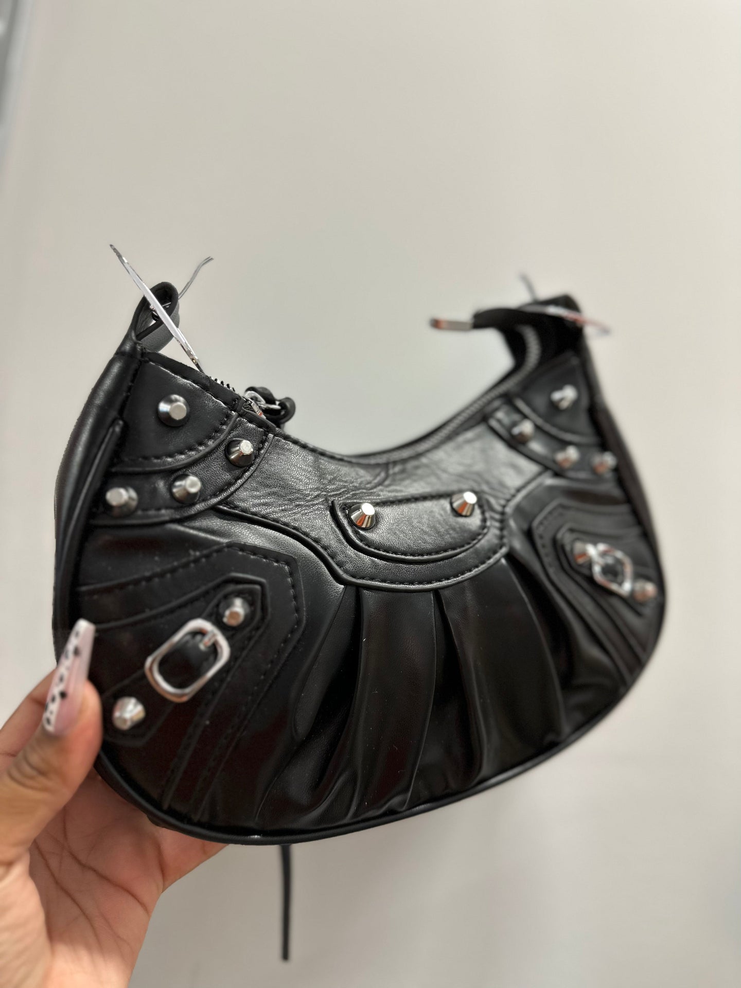 Rivet Half Moon Hobo Bag- Black