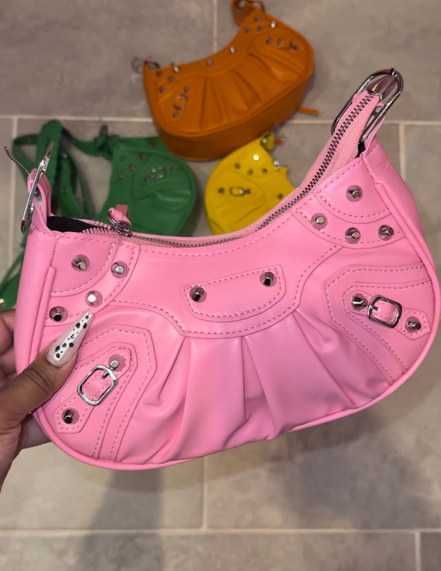 Rivet Half Moon Hobo Bag- Pink