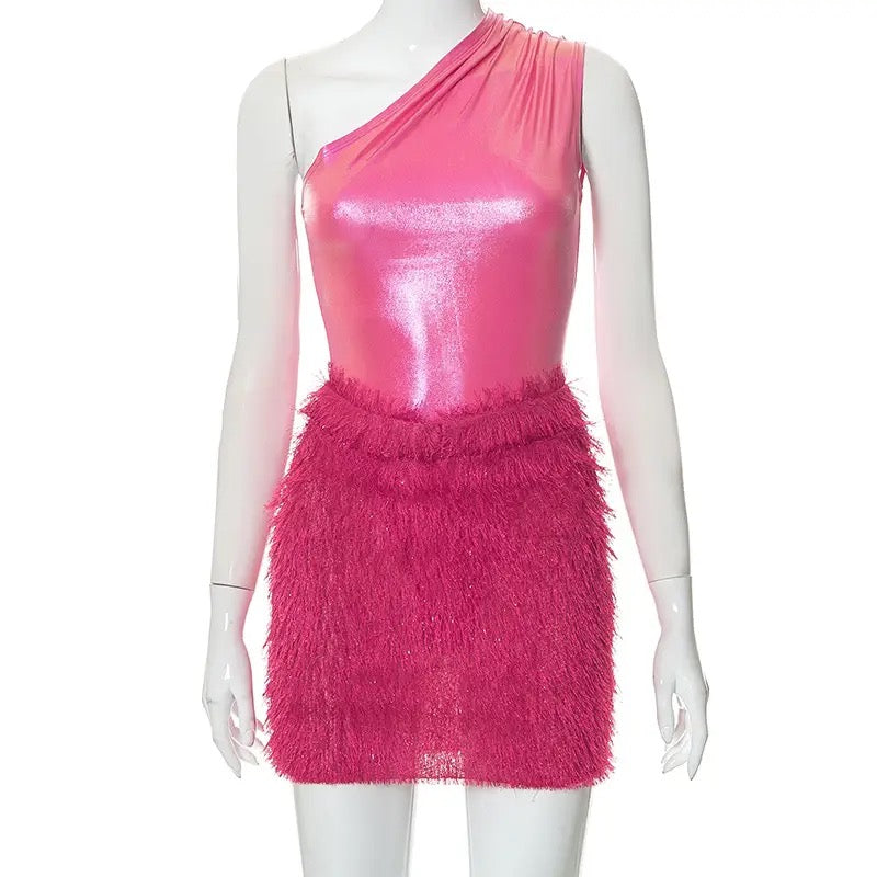 *Pre-Order* Glitter Gloss Fuzzy Skirt Set- Fuchsia