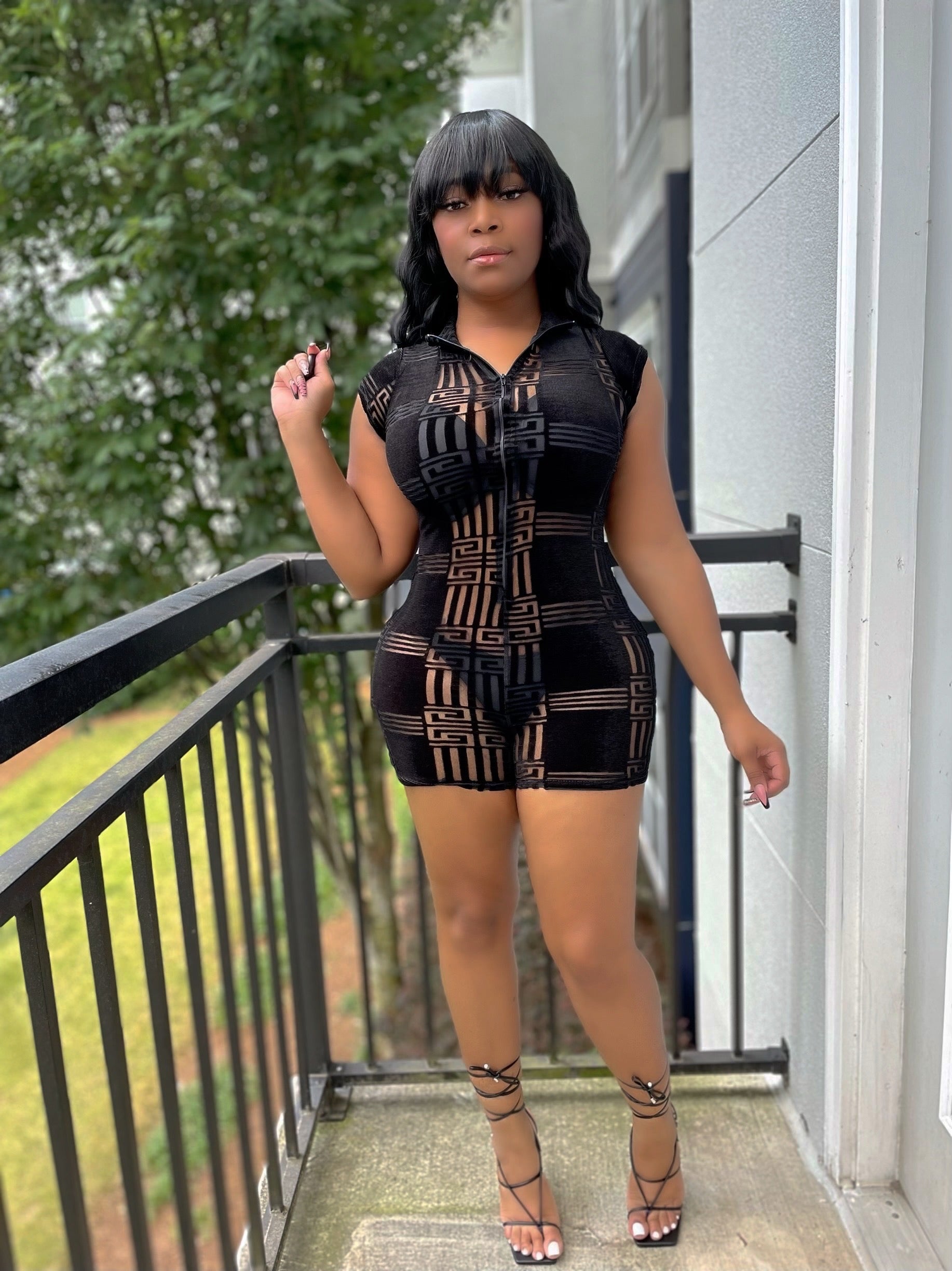 Jazzy Sheer Velvet Romper- Black