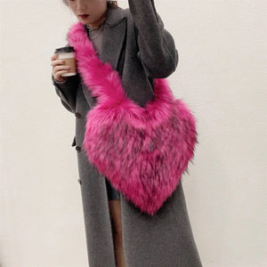 Heart Shaped Faux Fur Shoulder Bag- Rose Pink