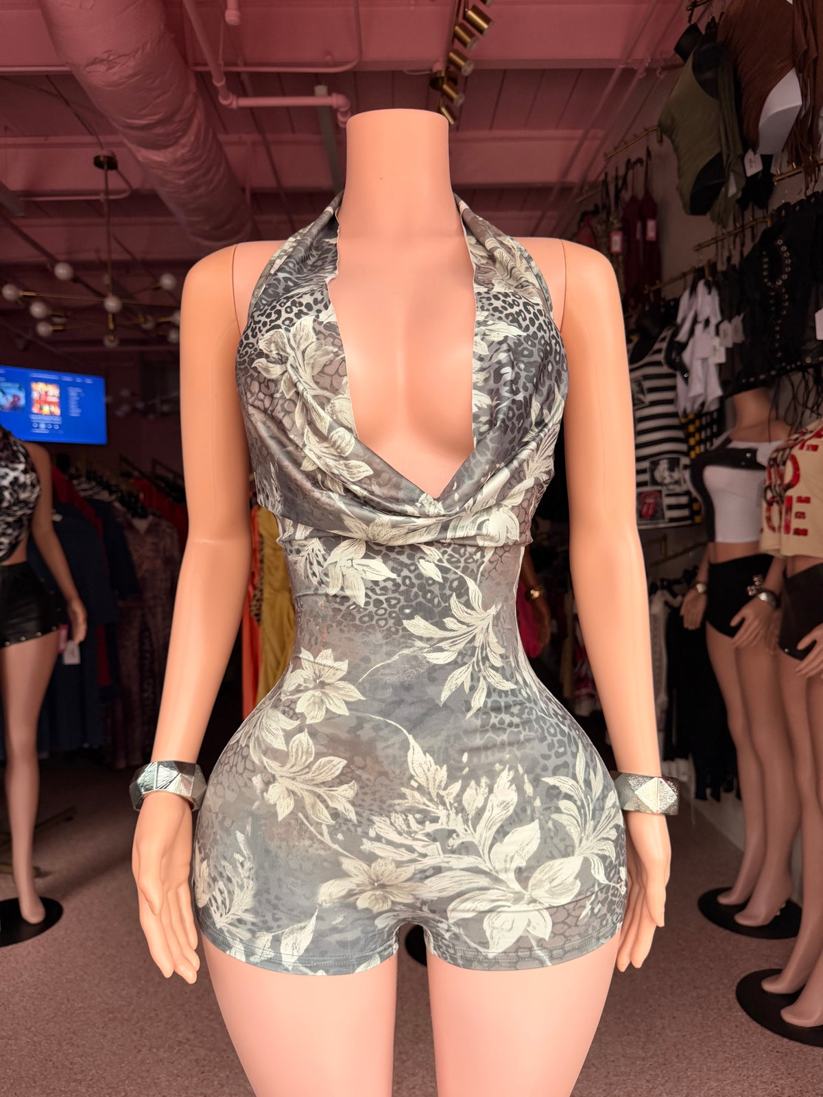 Wildflower Bloom Halter Romper – Gray Multi