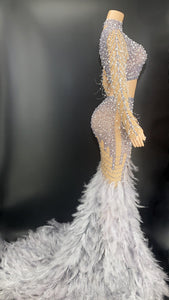 Luxury Beaded Feather Skirt Set- Gray