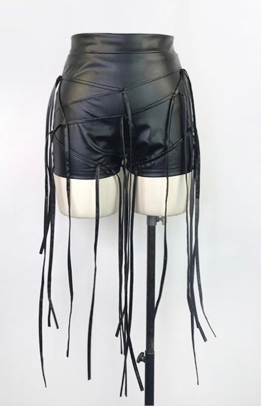 Straps Fringe Faux Leather Shorts- Black