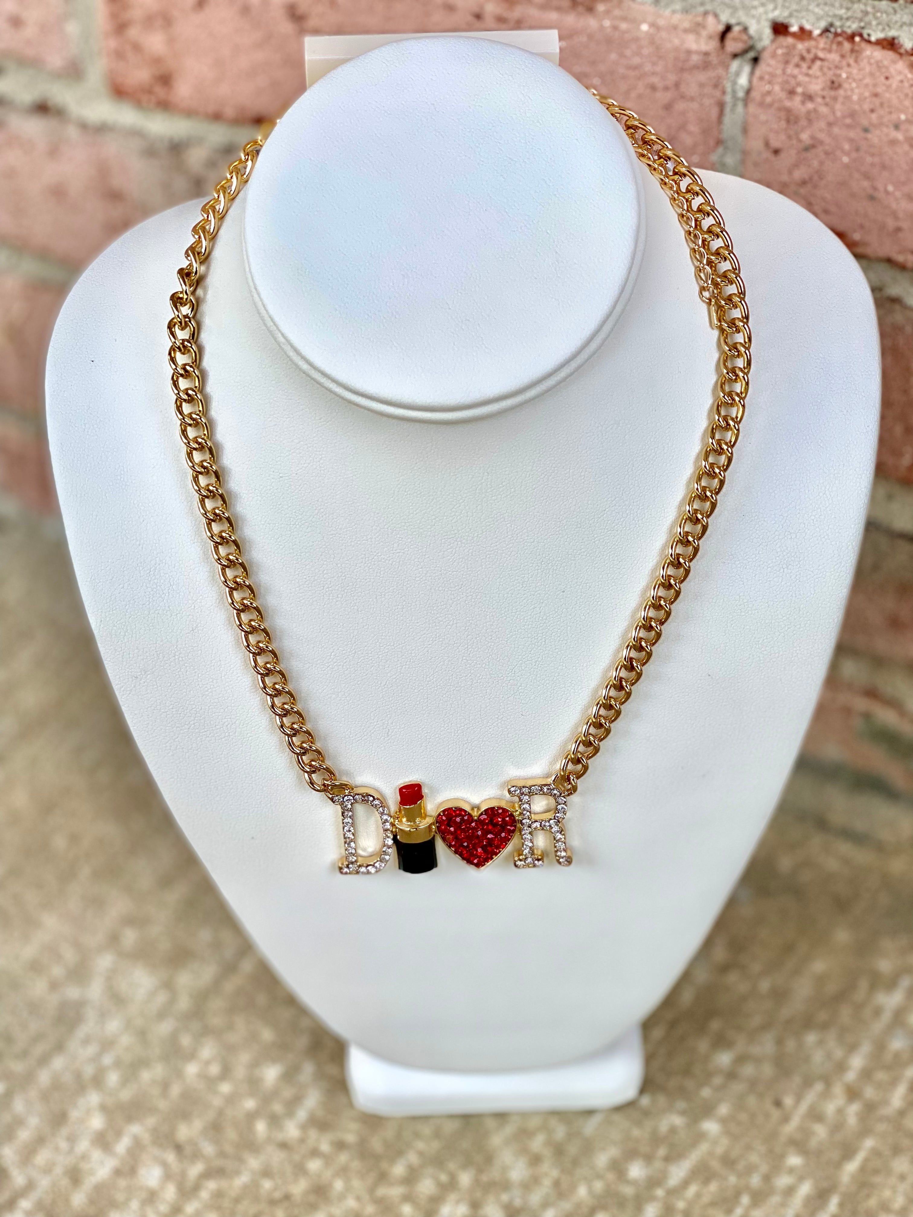 Lipstick & Heart Necklace- Gold
