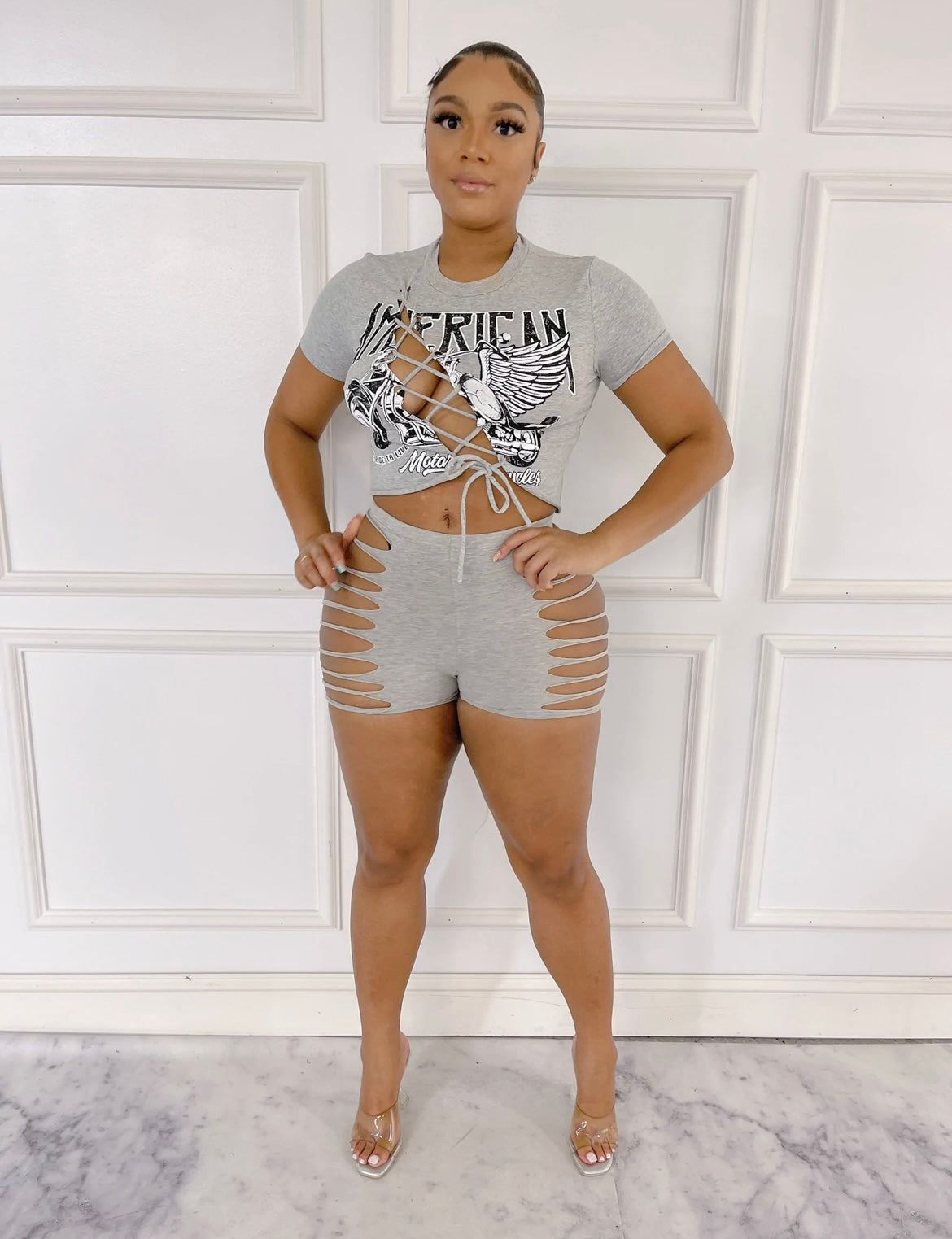 Cut Em’ Up Shorts Set- Gray