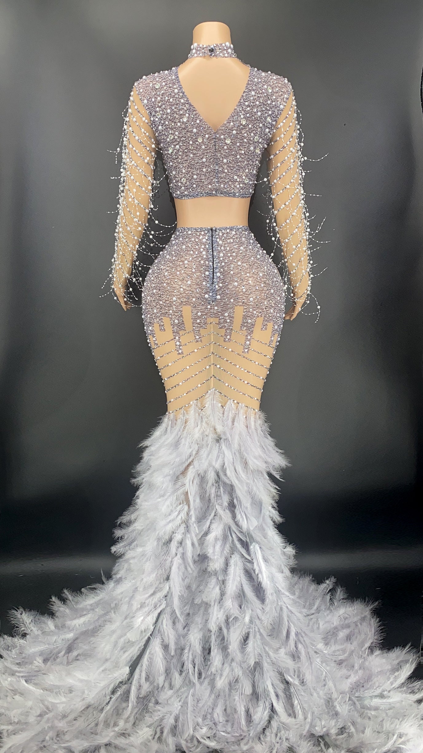 Luxury Beaded Feather Skirt Set- Gray