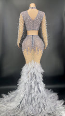 Luxury Beaded Feather Skirt Set- Gray